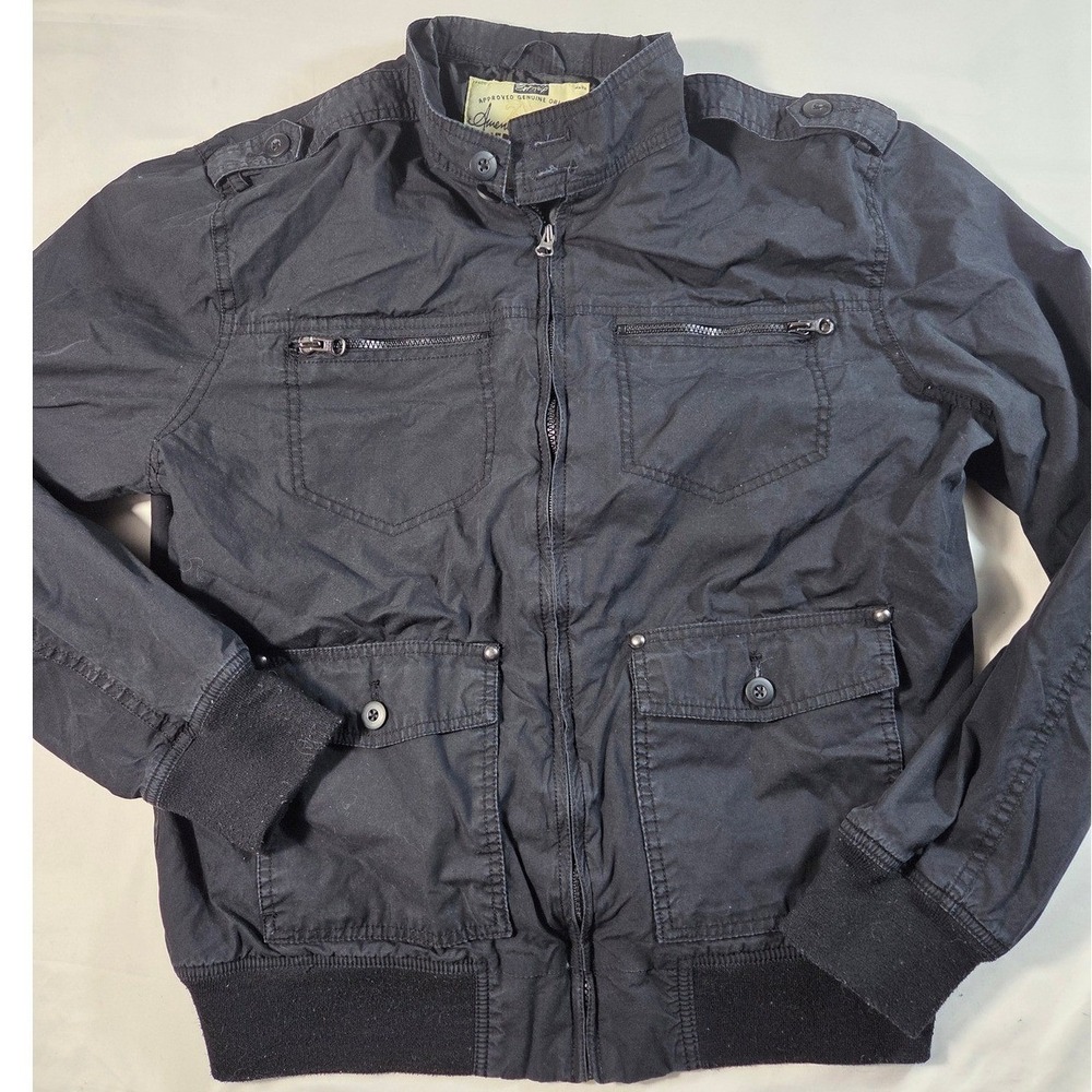 American Rag Cie Black Bomber Utility Jacket Large Full Zip Mock Neck